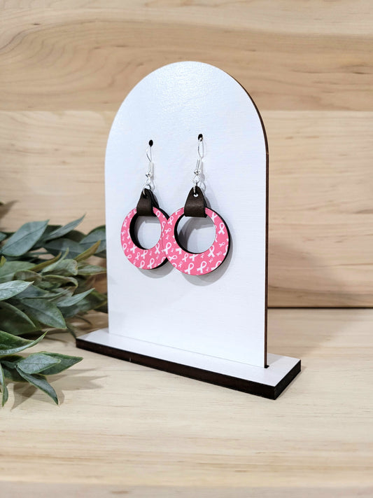 Breast Cancer Awareness Earrings - Pink & White with leatherette