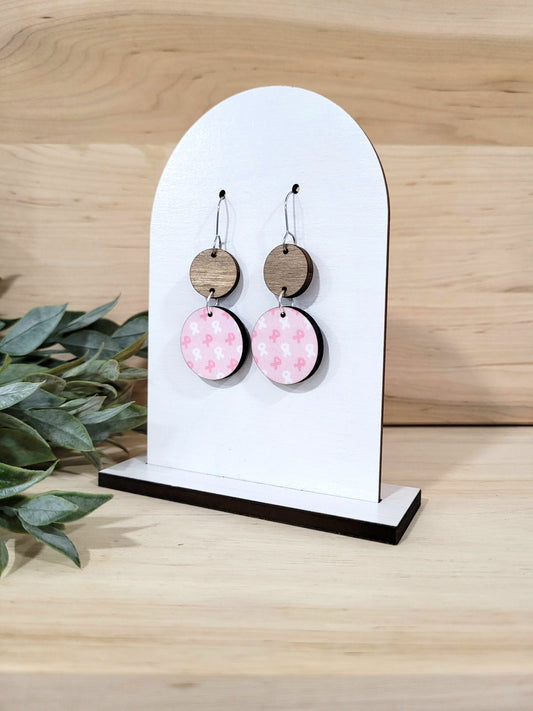Breast Cancer Awareness Earrings - Pink & White with wood rounds
