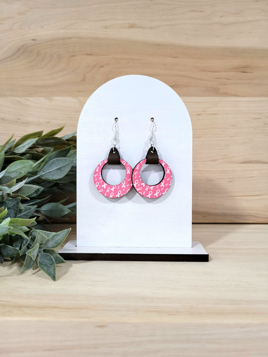 Breast Cancer Awareness Earrings - Pink & White with leatherette