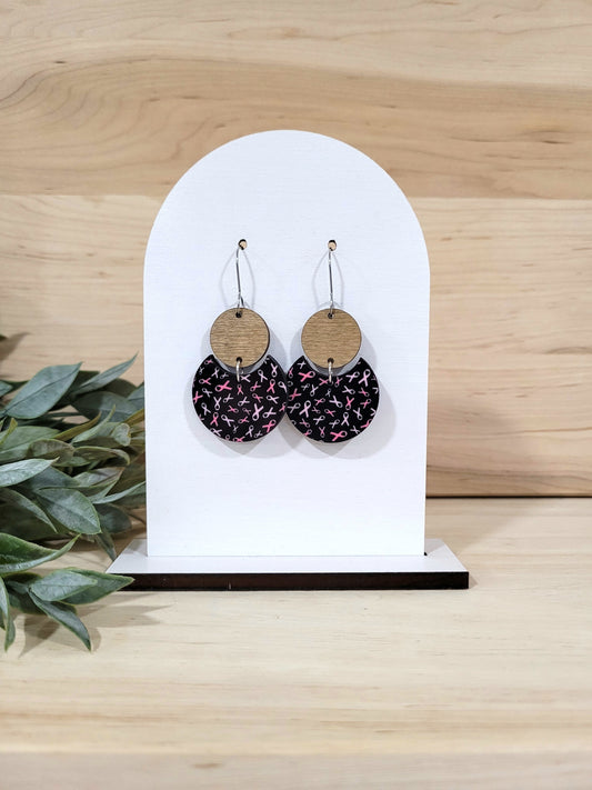 Breast Cancer Awareness Earrings - Pink & Black with wood rounds