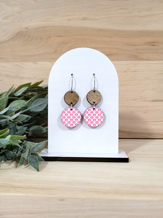 Breast Cancer Awareness Earrings - Pink & White with wood rounds