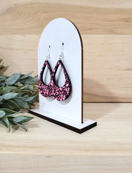 Breast Cancer Awareness Earrings - Pink & Black open teardrop