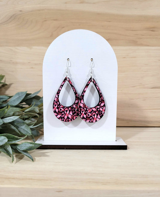 Breast Cancer Awareness Earrings - Pink & Black open teardrop